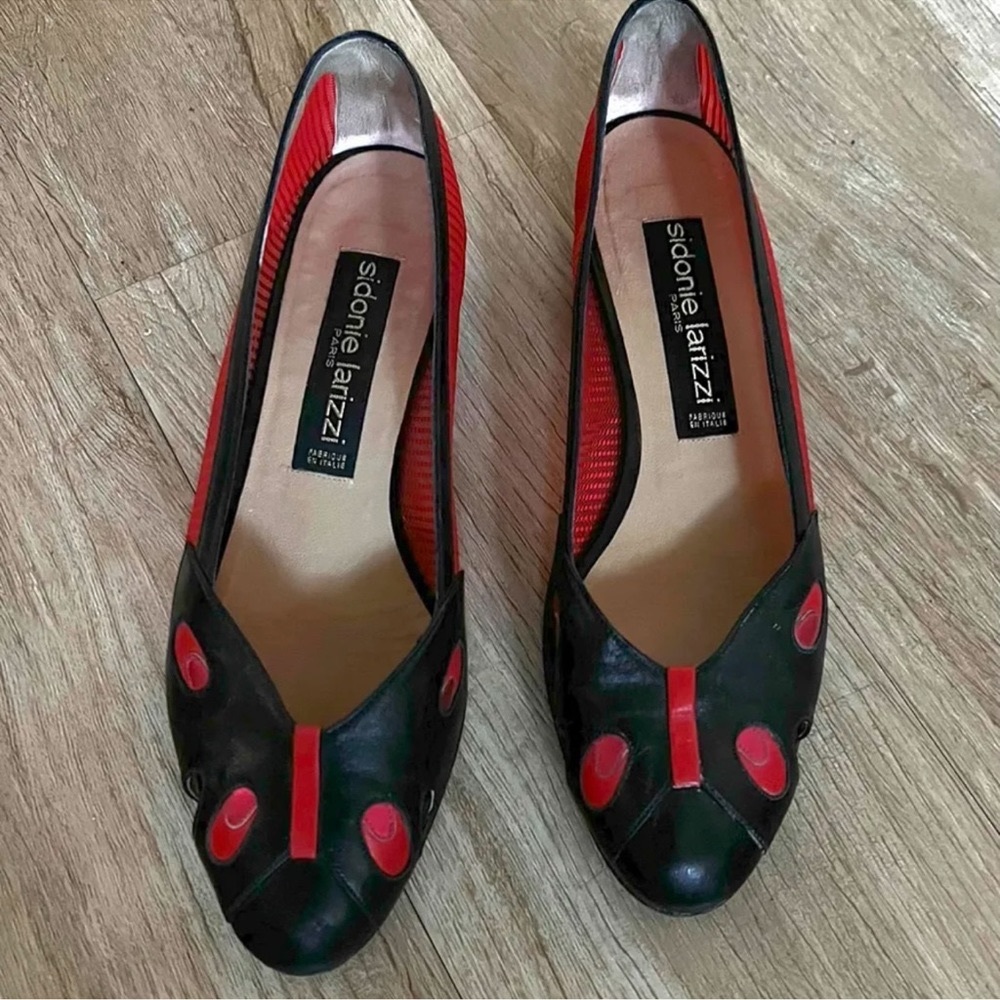 Vintage 80s rare designer shoes catwalk Paris / ladybug black and red - Picture 2 of 11